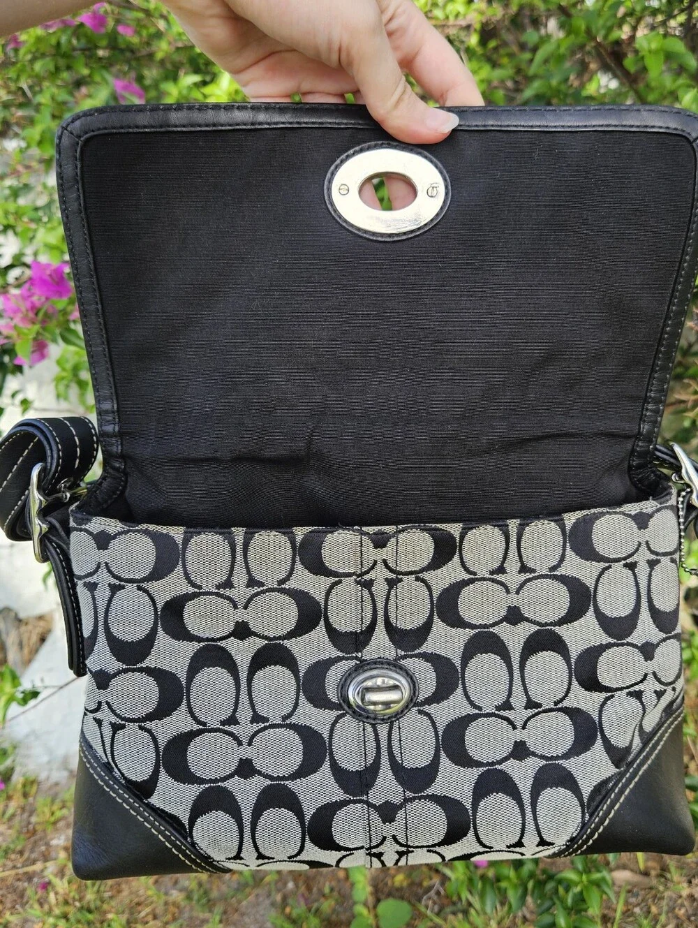 Coach Hampton F13066 Black Signature Jacquard Turnlock Flap Shoulder Bag